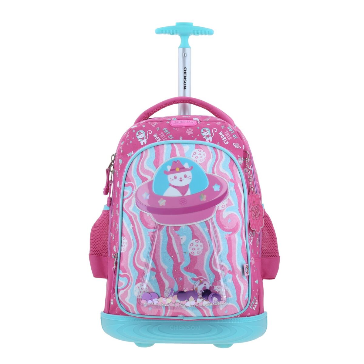 Mochila Con Ruedas Chenson Rosa Gatito y Confeti Happy Girl