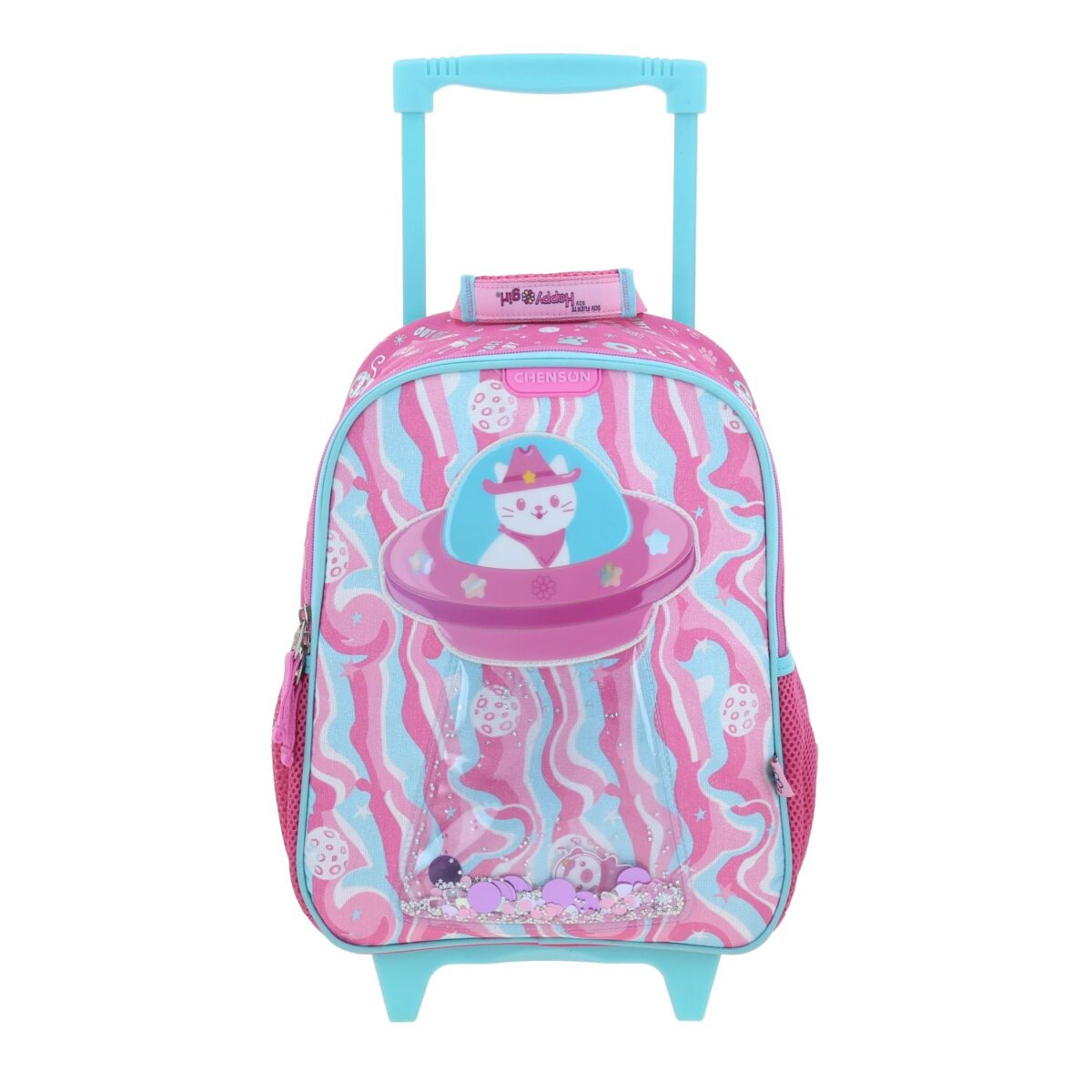 Mochila Kinder Con Ruedas Chenson Rosa Gatito y Confeti Happy Girl